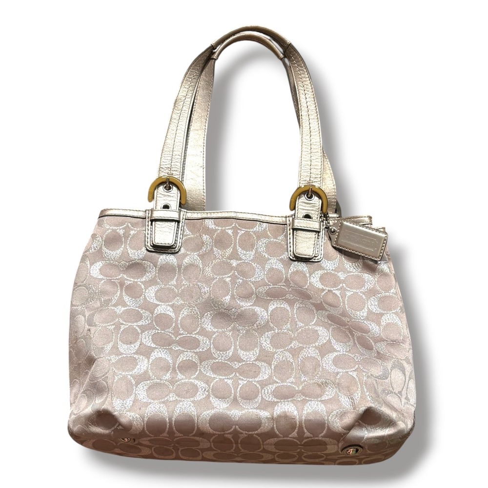 COACH SoHo Signature C Metallic Silver Jacquard Leather Trim Tote Shoulder Bag
